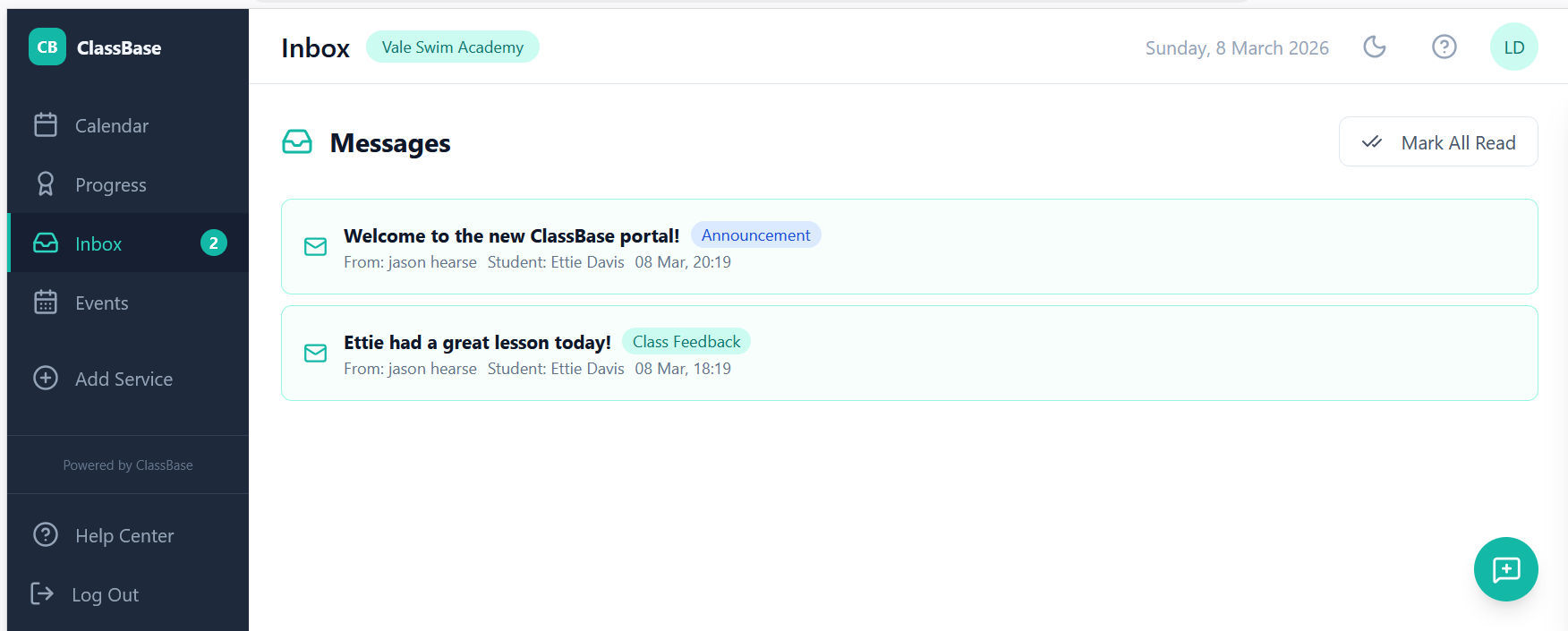 ClassBase parent portal inbox and booking experience