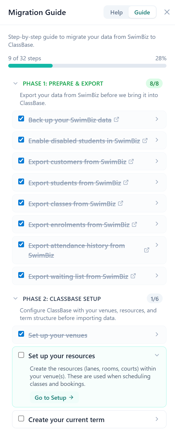ClassBase SwimBiz migration guide with step-by-step progress tracker