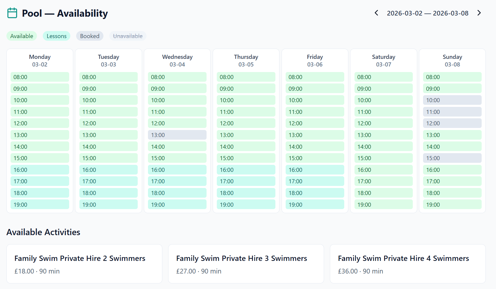 ClassBase public pool booking calendar