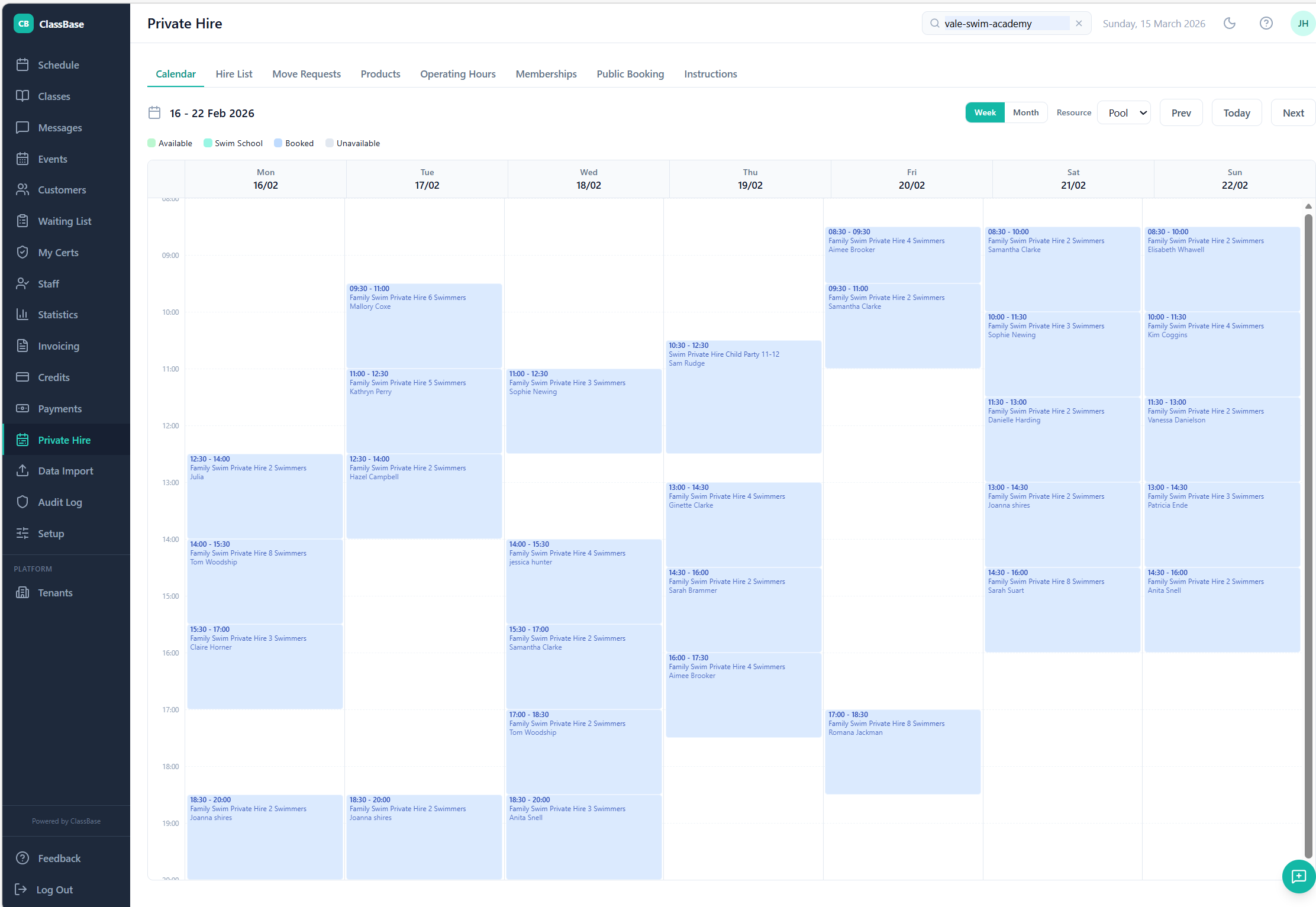 ClassBase public booking calendar showing pool availability and private hire products
