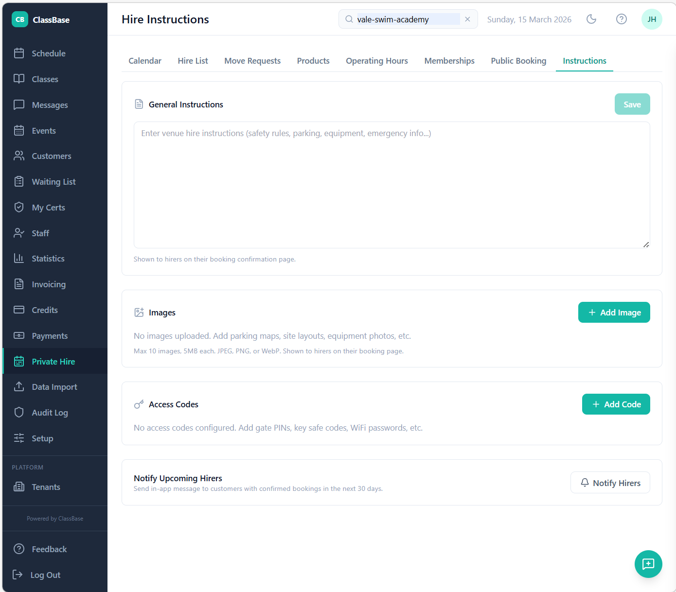 ClassBase hire instructions setup — access codes, photos, and pool rules delivered automatically on booking confirmation