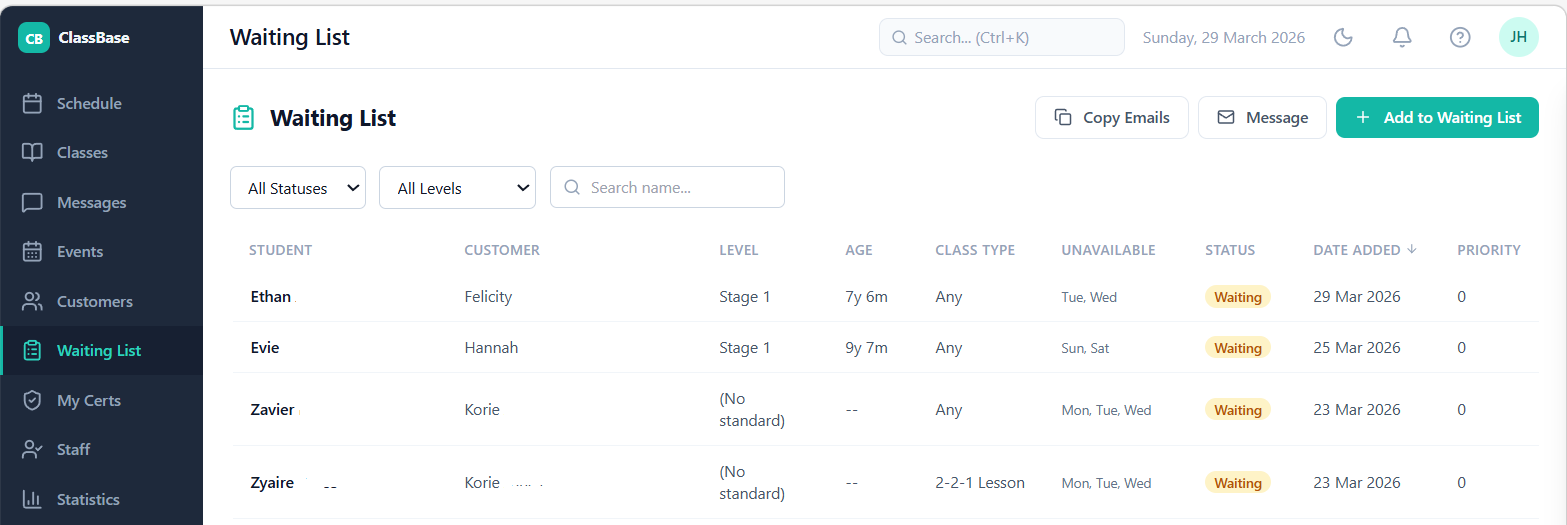 ClassBase intelligent waiting list showing which class days are available and which are full