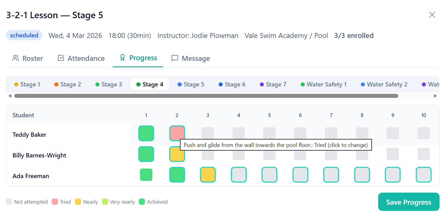 Swim England Learn to Swim stage progress tracker in ClassBase