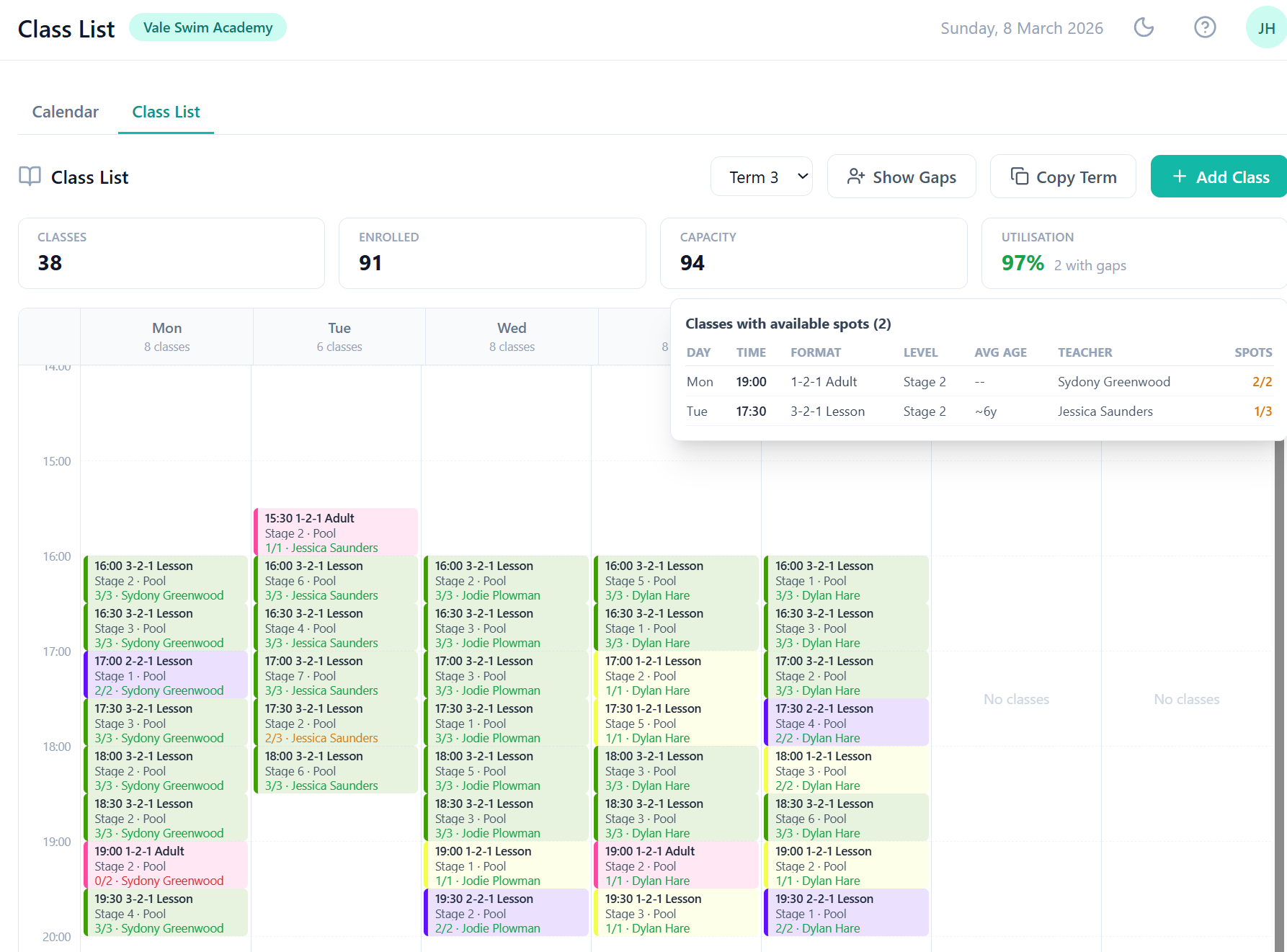 ClassBase weekly class schedule for a UK swim school, colour-coded by teacher